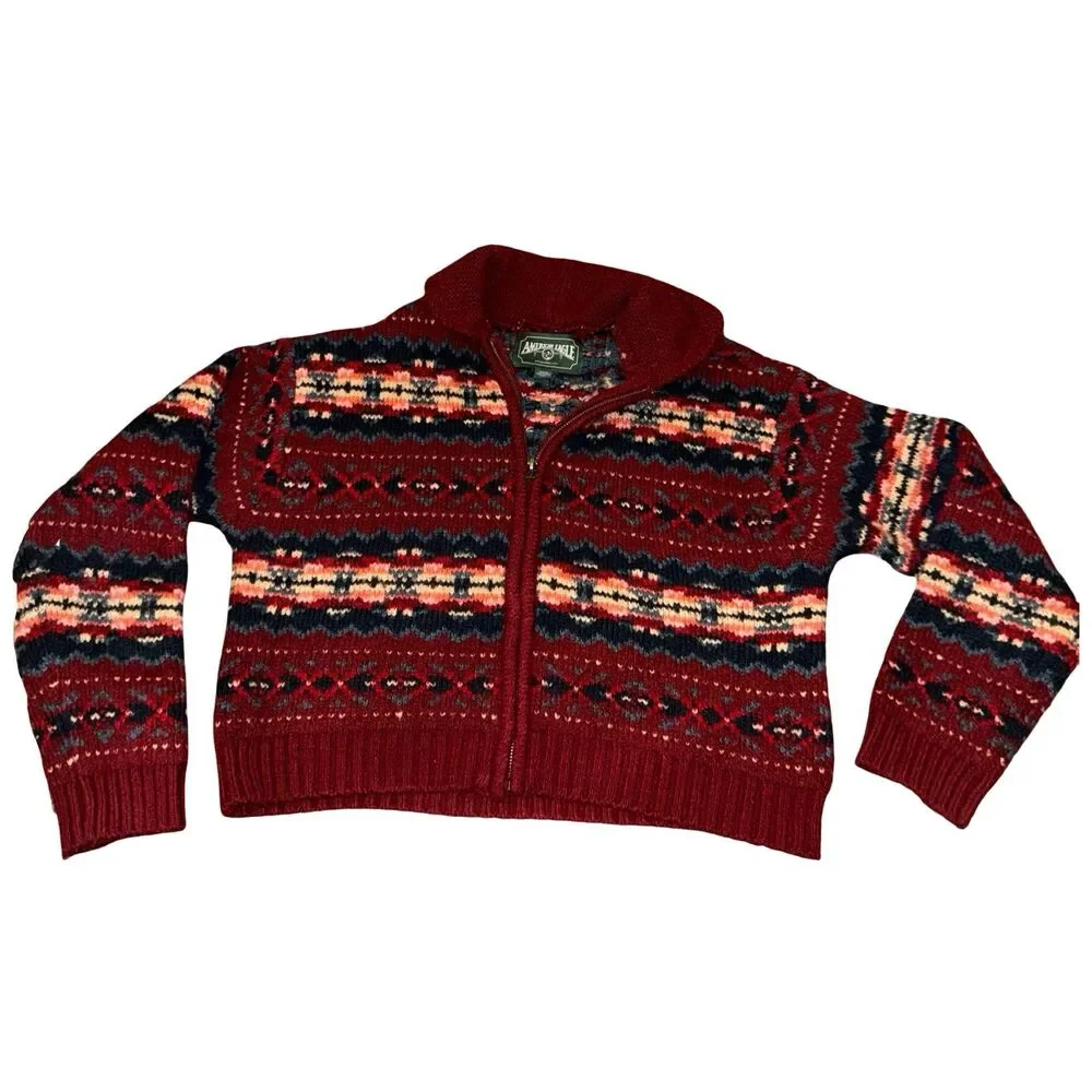American Eagle‎ Super Soft Red Fair Isle Full Zip Up Cardigan Sweater Size Med